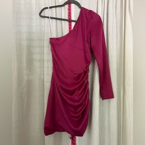 Lulus Happy Hour Chic Magenta Satin Ruched One-Shoulder Mini Dress